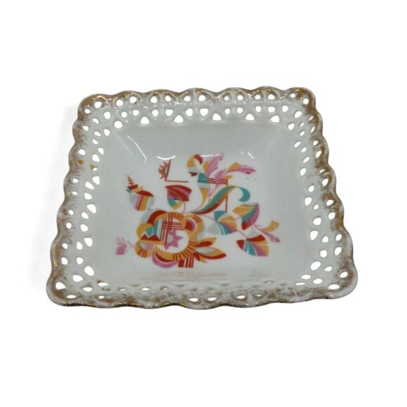 SQUARE Floral RETICULATED Small Bowl Dish Gold Accents Germany Vintage - Picture 3 of 8